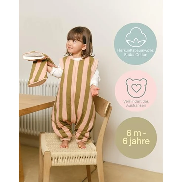 molis&co. Baby-Schlafsack mit Füßen, abnehmbare Ärmel und Socken. 2.5 TOG. Ideal für die Übergangszeit und den Winter. 100% Baumwolle (Oeko-TEX 100). (Khaki&Rose Stripes, 90 cm (3 Jahre)) – Bild 6