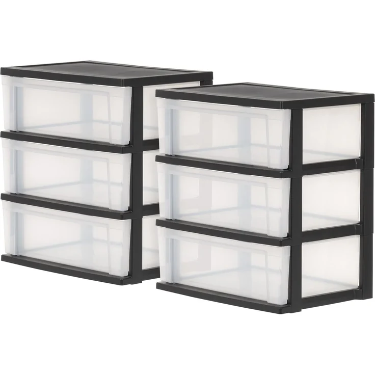 Iris Ohyama, Aufbewahrungsschänke aus Plastik, 2 Schränke, 3 Schubladen von 34L pro Truhe, Schwarz, Robust, für Schreibtisch, Garage, Schlafzimmer, BPA frei, Truhe, Box, NSW-603