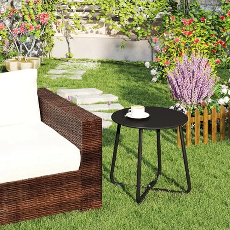 HollyHOME Beistelltisch Outdoor Balkontisch Klein Gartentisch Rund Beistelltisch Metall Wetterfest Loungetisch Outdoor Couchtisch für Patio Terrasse Wohnzimmer, Schwarz – Bild 5