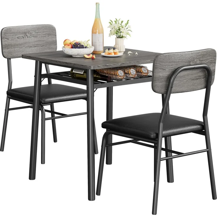 IDEALHOUSE Platzsparendes 3-teiliges Esszimmer-Set für 2 Personen – Quadratischer Tisch mit Metallrahmen, Stauraum und gepolsterten Stühlen – Modernes Küchenmöbel für kleine Räume, Apartments – Farbe: