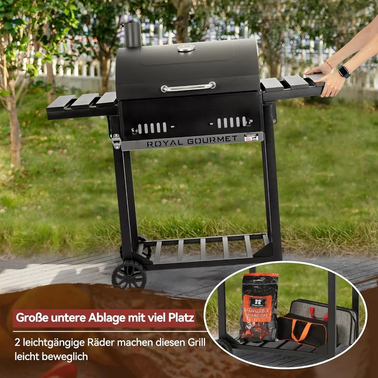 Royal Gourmet Holzkohlegrill Grillwagen mit klappbaren Seitenablagen, Smoker Standgrill mit Decekl, Thermometer, Kohlegrill Schwarz – Bild 7