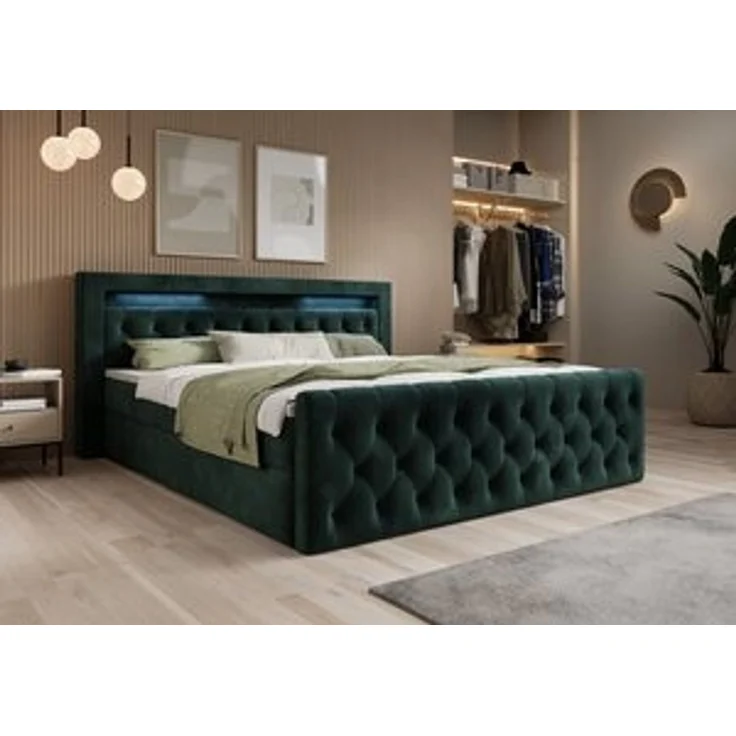 thematys Boxbett LED mit Bettkasten 200x200cm, mit Bonnellfederkernmatratze H3, Bouclé/Velours, mit Stauraum, mit 3 cm Topper, Dunkelgrün (Velutto 10), Art.-Nr. S04JN0YROD4 – Bild 7