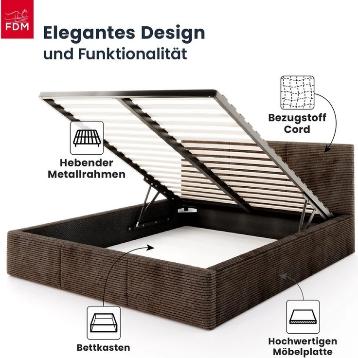 FDM Polsterbett AMBER modern mit Bettkasten MADE IN EU - mit Cord Bezug (verfügbar 90x200 120x200 140x200 160x200 180x200cm, Bettrahmen, Bett, mit großen gepolsterten Kopfteil, mit Bettkasten zum aufklappen), Hebbarer Metallrahmen, Bettkasten, mit/ohne... – Bild 2