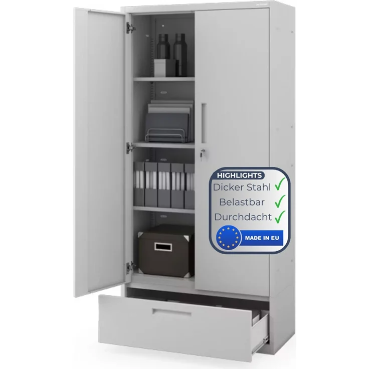 Metallschrank mit Einzel-Schublade RUEL - 195x90x40cm Grau | Büroschrank Aktenschrank Stahlschrank Fachbodenschrank Werkstattschrank – Bild 1