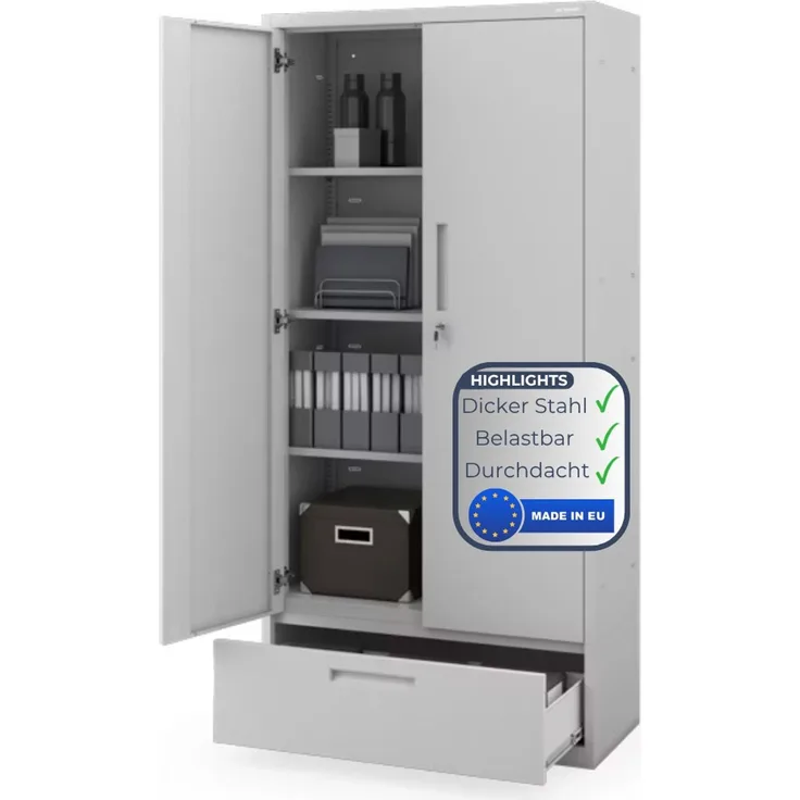 Metallschrank mit Einzel-Schublade RUEL - 195x90x40cm Grau | Büroschrank Aktenschrank Stahlschrank Fachbodenschrank Werkstattschrank