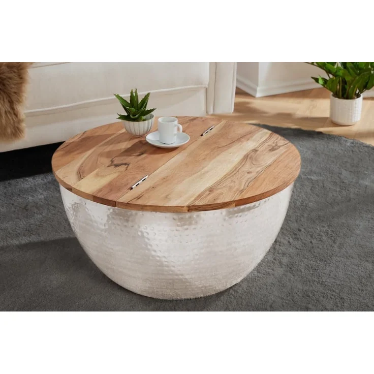 riess-ambiente Couchtisch ORIENT STORAGE Ø60cm natur / silber (Einzelartikel, 1-St), Wohnzimmer · rund · Massivholz · Metall · mit Stauraum · Hammerschlag – Bild 2