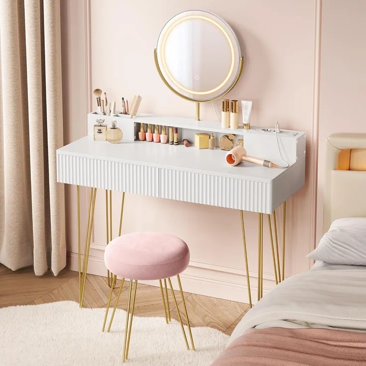 VASAGLE Schminktisch mit Hocker und Beleuchtung, Steckdosenleiste, Spiegel, Frisiertisch, 40 x 100 x 134,8 cm, Kosmetiktisch mit Schubladen, gepolsterter Sitzhocker, mattweiß-blassgold RVT619W01