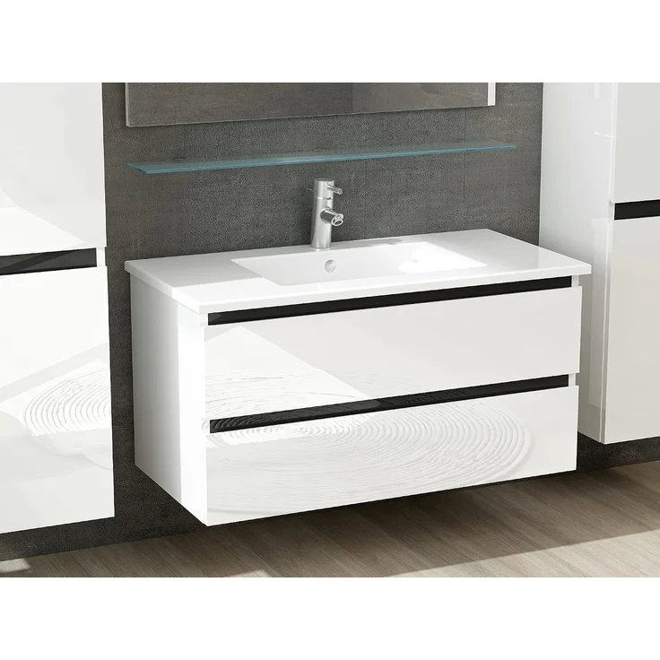 Homeline Badmöbel Set mit Schubladen Glas ablage (Dennis Weiss, 90 cm 1x Hochschrank) – Bild 3