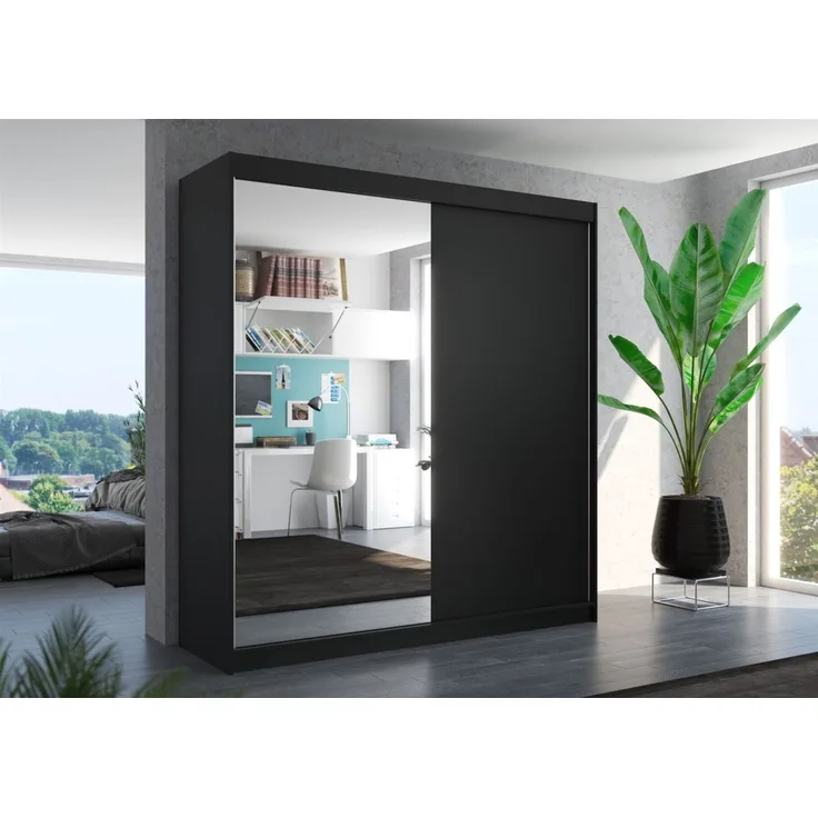 Schiebetürenschrank Schrank Nr. 405 in Schwarz matt- Spiegel 200 x 215 x 58 cm