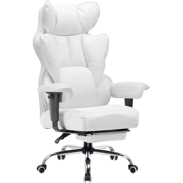 COMHOMA Gaming Stuhl, ergonomischer Bürostuhl, Schreibtischstuhl mit verstellbare Armlehnen, Taschenfederkern-Lendenwirbelstütze für große und hohe Personen, 180 kg, breiter Sitzfläche, weiß – Bild 1