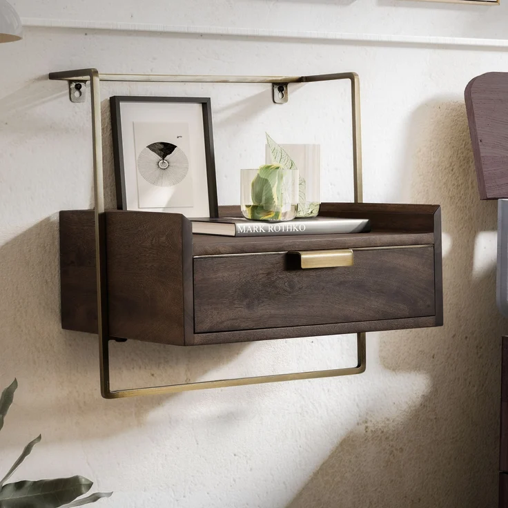 FINEBUY Nachttisch FB64190 (Nachtkonsole für Wandmontage 44x35 cm Dunkelbraun), Nachtschrank Mango Massivholz, Nachtkästchen – Bild 1