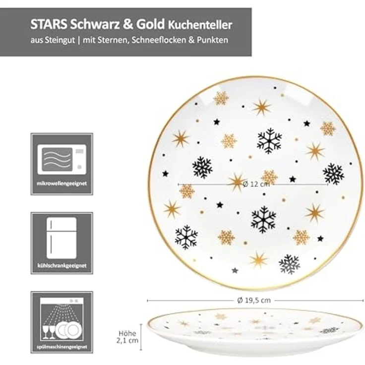 MamboCat Frühstücksteller 6x Stars schwarz & gold Kuchenteller Steingut 6 Pers. Dessertteller, Weihnachtsgeschirr, Weihnachten, Weihnachtsset, Geschirr – Bild 6