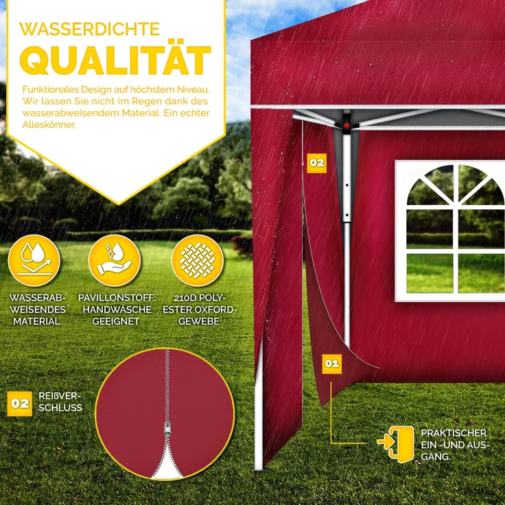 tillvex Pavillon 3x6m - mit 3 Seitenwänden Rot wasserdicht | Pop-Up Faltpavillon höhenverstellbar | Gartenzelt UV Schutz 50+ | Partyzelt mit Tasche für Garten – Bild 9