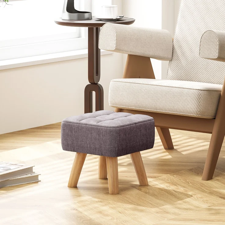 MELAYR, Fußhocker mit Polsterung, Leinenoptik, Holzbeine, bis 110 kg belastbar, Grau, 27 x 27 x 26 cm – Bild 4