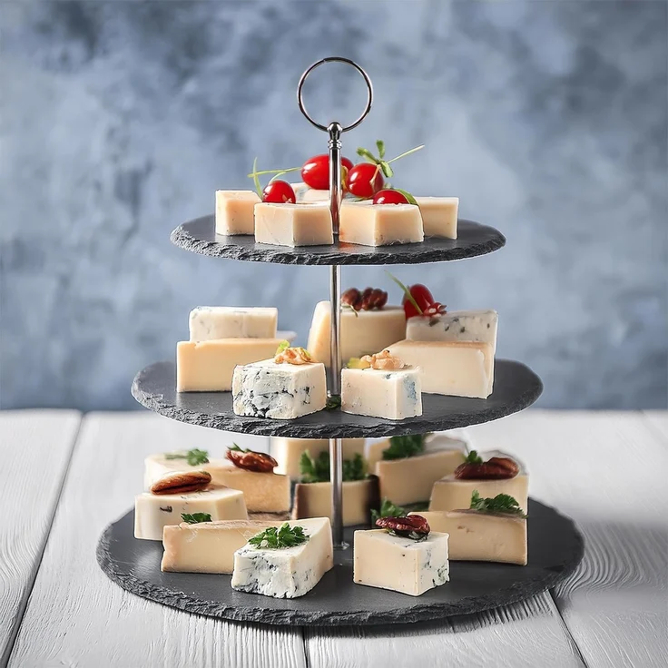 Dimono Etagere Deluxe Servier-Ständer, Schiefer Naturstein, (3-Etagen Servierschalen, Obst- & Gemüseschale), Servierschalen für Desserts, Obst, Gemüse, Süßes uvm. – Bild 2