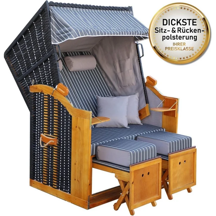 BRAST Strandkorb für 2 Personen, 120cm breit, 5 Designs, BxTxH: 120x79x150 cm, Volllieger, Rügen Deluxe, (verstellbare Rückenlehne weiches Fußkissen), inkl. wetterfeste Abdeckhaube – Bild 5