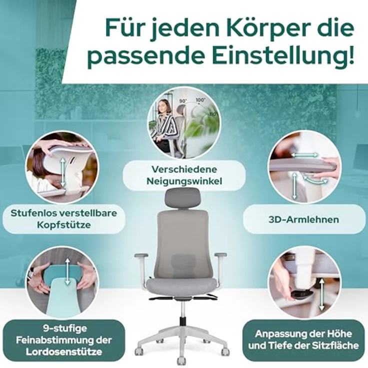 SCHEKKA ErgoPrime Pro Bürostuhl, ergonomisch, IGR zertifiziert, individuell einstellbar, 150 kg, Grau Mint – Bild 4