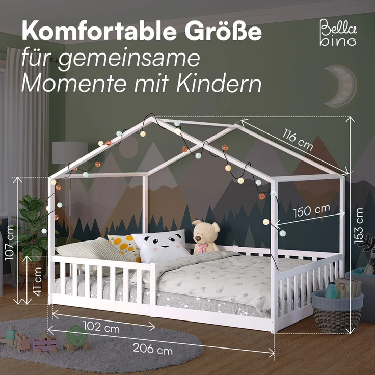 Bellabino 'Bia' Hausbett 140x200 cm mit Matratze, weiß, Kiefer Massivholz, Bodenbett in Hausoptik, Montessori Kinderbett mit Rausfallschutz und Lattenrost – Bild 9