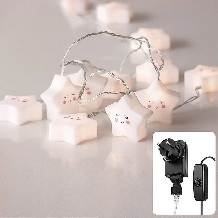 COZY HOME LED-Lichterkette Sternen Batterie und Stecker, 20 LED I 5m I Warmweiße LED-Stern Lichterkette I Kinderbett Bunt Deko – Bild 1