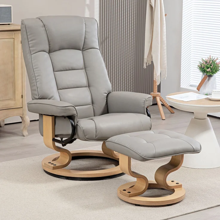 HOMCOM Relaxsessel mit Hocker, Kunstleder, Holz, Grau, 76L x 85B x 104H cm – Bild 2