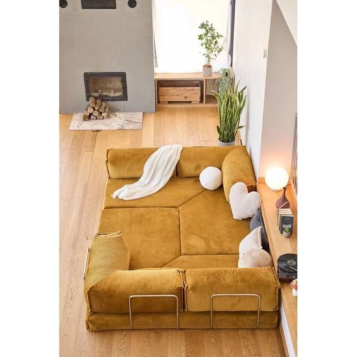Ecksofa mit Schlaffunktion, 300 cm, Senfgelb | 100% Gerippter Plüschstoff, Abnehmbarer Bezug, 4 Kissen inklusive | Pfotenfreundlich & Stilvoll – Bild 4