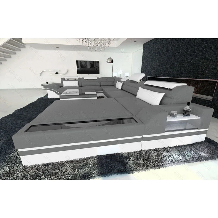 Mini Designer-Wohnlandschaft Mezzo XXL mit LED - Büffelleder - Grau-Weiß - Rechts – Bild 4
