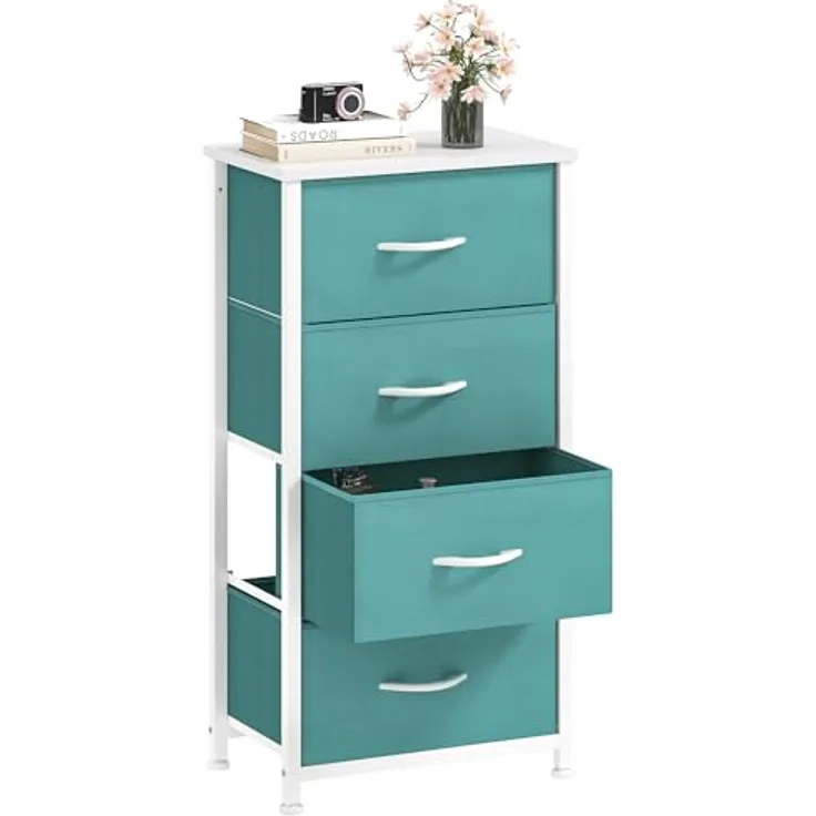 DWVO Kommode mit 4 Schubladen, Schrank aus Stoff mit Griffen, Metallgestell & MDF-Holzplatte, langlebig, für Schlafzimmer & Wohnzimmer,Grün