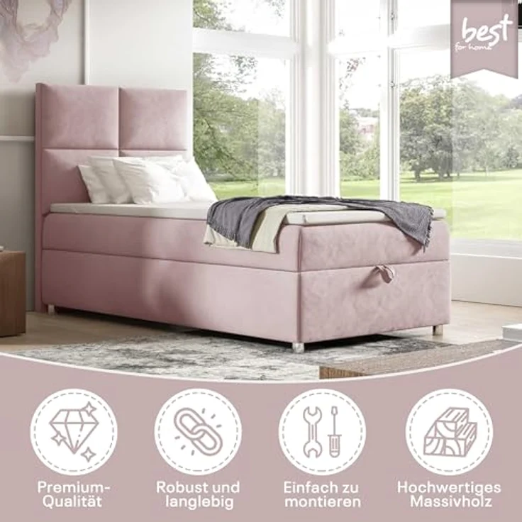 Best For Home Boxbett Trinity K-2, Rosa, Boxspringbett mit Bettkasten, 80x200 cm – Bild 2