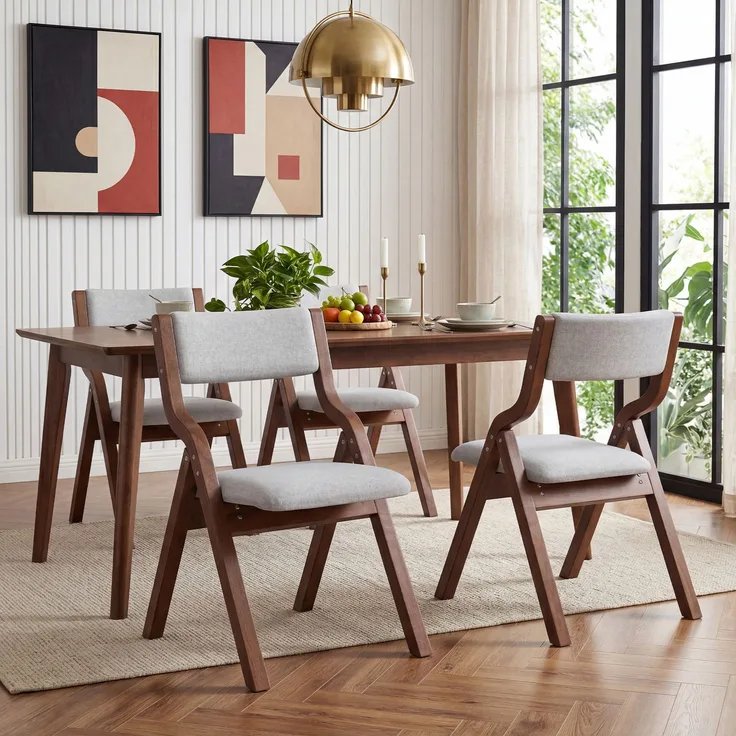 Klappbare Esszimmerstühle B 49 x T 15,5 x H 91,5 cm, Massivholz und Leinen, grau, 2er-Set