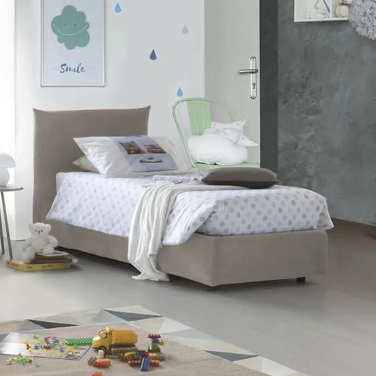 Talamo Italia - Einzelbett Marina, Stauraumbett mit Stoffbezug, 100 % Made in Italy, seitliche Öffnung, geeignet für Matratze 80x190 cm, taubengrau