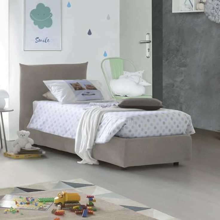 Talamo Italia - Einzelbett Marina, Stauraumbett mit Stoffbezug, 100 % Made in Italy, seitliche Öffnung, geeignet für Matratze 80x190 cm, taubengrau – Bild 1