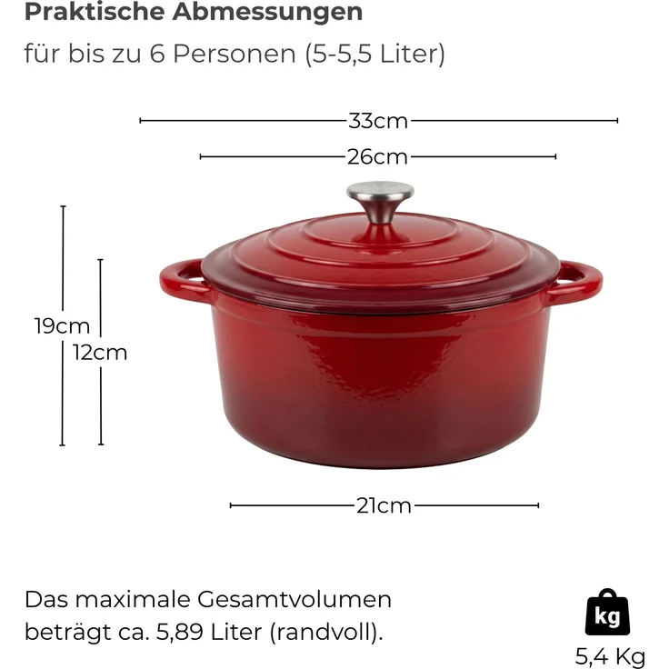 osoltus Bräter Schmortopf Gusseisen Topf 26cm 5,9 Liter Emaille Bräter Rot – Bild 3