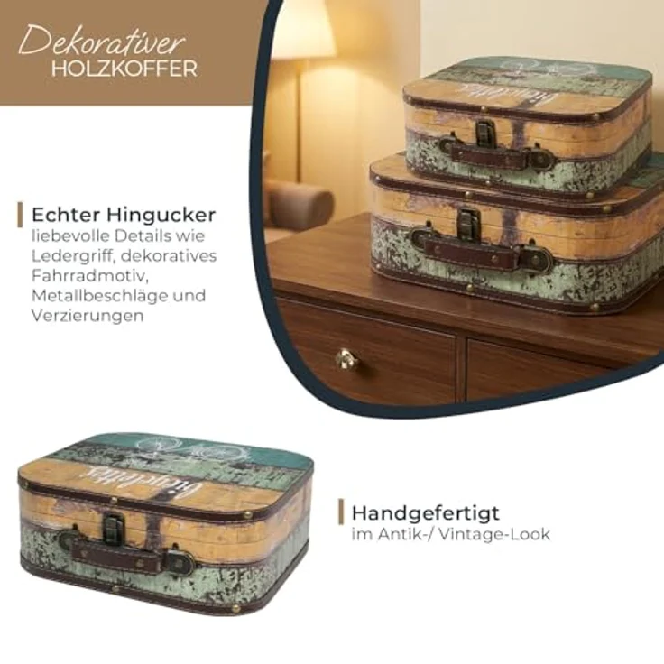 HMF Aufbewahrungsbox Kleiner Vintage Koffer aus Holz (1 St), Handgefertigter Geschenkkoffer im Fahrrad Design, 32 x 29, 5 x12 cm – Bild 3