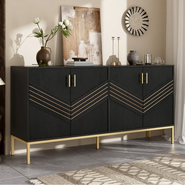 DESVIAE Sideboard mit 4 Türen und verstellbaren Einlegeböden 160x80,5x40 cm MDF Schwarz Holzoptik – Bild 2