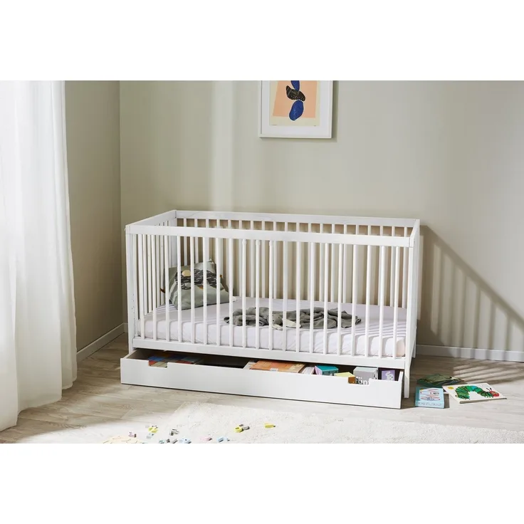 Babybett Kinderbett Gitterbett 60x120 höhenverstellbar & herausnehmbare Sprossen, mit Schublade | Buchenholz weiss sehr stabil Made in Europe