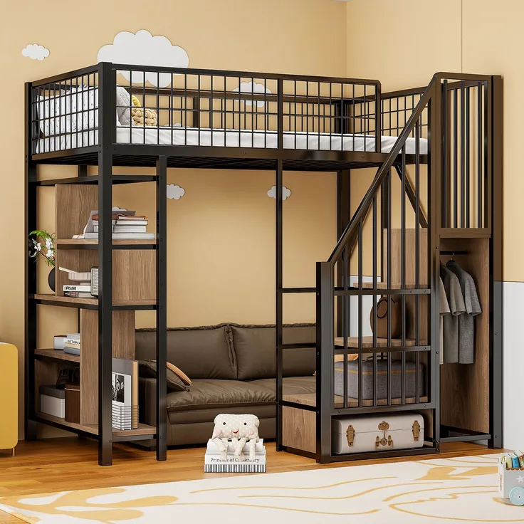 Hochbett, Multifunktionales Metallbett mit Stauraum Ablageflächen und Treppe für Erwachsene und Kinder, Metall, Schwarz, 90 x 200 cm