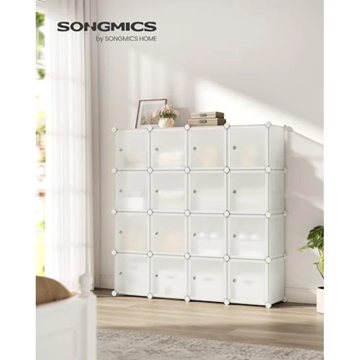 SONGMICS Regalsystem, Schuhregal, Set aus 16 Würfeln, Kleiderschrank aus Kunststoff, mit Türen, Steckregal, Aufbewahrung von Kleidung, Schuhen und Büchern, einfache Montage, cremeweiß LPC443W01 – Bild 4