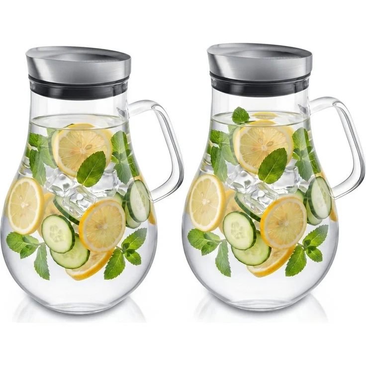 Arendo Karaffe 2x Glaskaraffe 2,0 L, Edelstahldeckel, Henkel, Grobfilter, (Set, 2-tlg, 2000 ml mit Edelstahl-Deckel, Grobfilter und ergonomischem Henkel), Wasserkaraffe, Borosilikatglas, 2000 ml, Sieb, BPA-frei – Bild 1