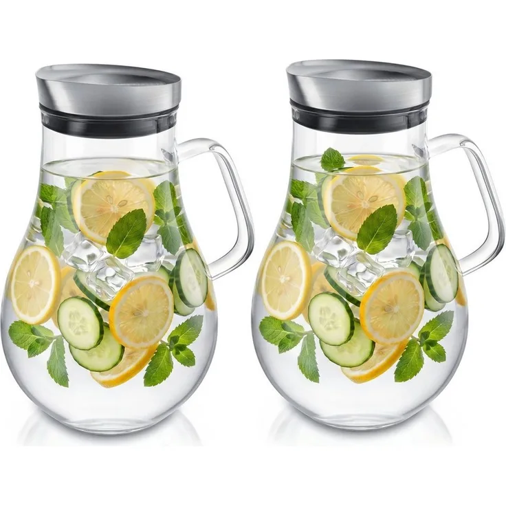 Arendo Karaffe 2x Glaskaraffe 2,0 L, Edelstahldeckel, Henkel, Grobfilter, (Set, 2-tlg, 2000 ml mit Edelstahl-Deckel, Grobfilter und ergonomischem Henkel), Wasserkaraffe, Borosilikatglas, 2000 ml, Sieb, BPA-frei