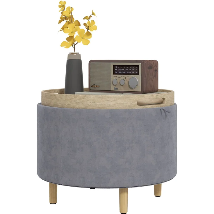 Sitzkissen mit Stauraum aus Sherpa-Stoff, max. 120 kg, mit klappbarem Tablett, aus MDF und Buche, 56 x 56 x 42 cm, grau – Bild 2