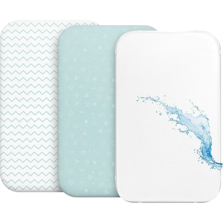 2X Spannbettlaken aus 100% Baumwolle mit Gummiband - 1X Matratzenschoner aus 100% wasserdichtem Material - 3er-Set - 55x90 cm - Blau – Bild 1