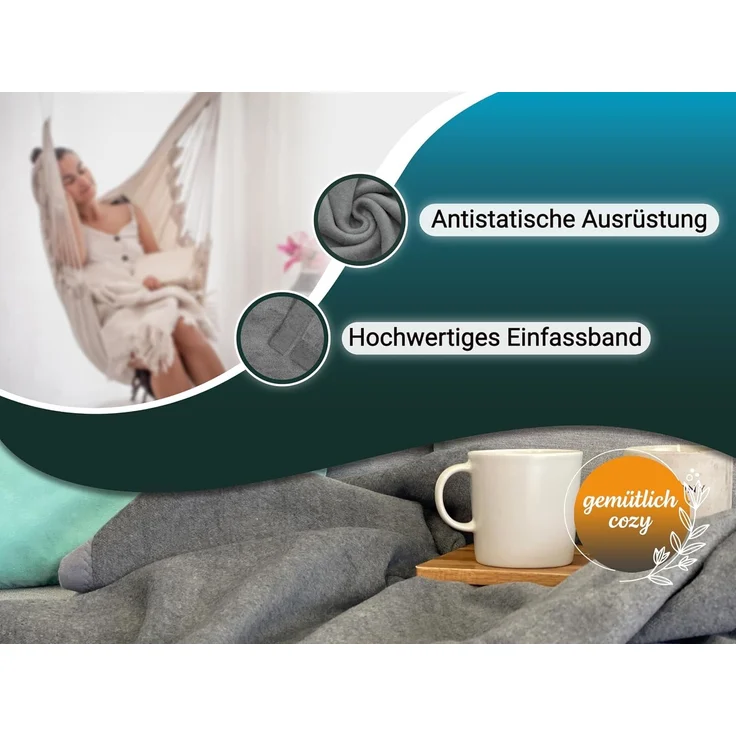ZOLLNER Kuscheldecke mit Einfassband, 220x240 cm, grau – Bild 4