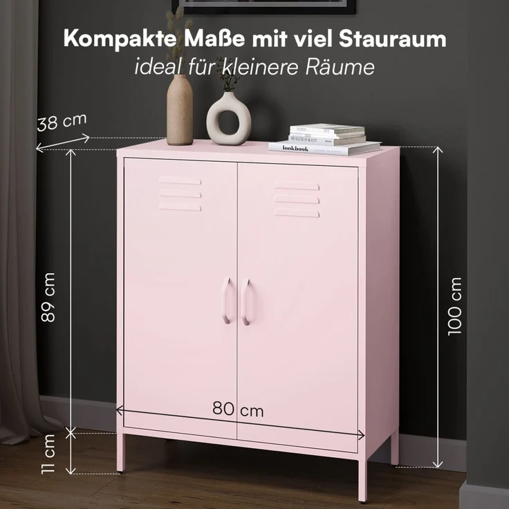 skølm 'Atria' Metallkommode, rosa, 100x38x80 cm, Metallschrank mit 3 Fächern – Bild 6