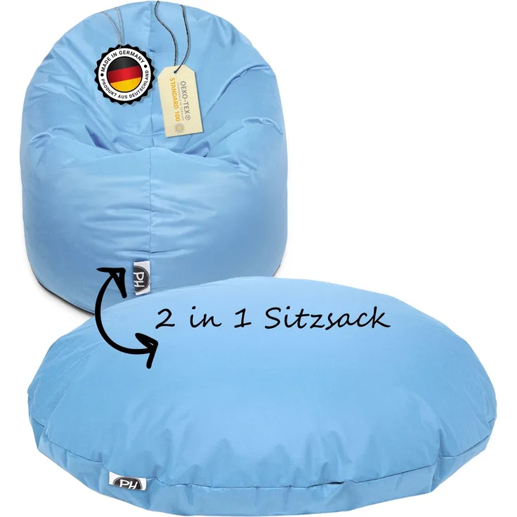 PATCH HOME 2 in 1 Sitzsack Sessel – Ø125 cm – Hellblau, bequemer Sitzsack aus Luxus-Polyester-Gewebe, bereits befüllt