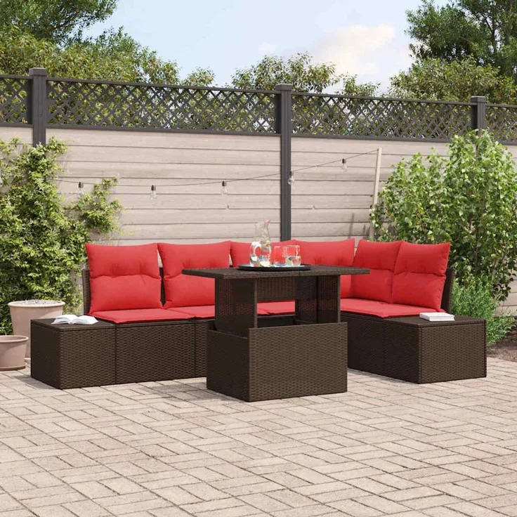 vidaXL Gartensofa-set 6 stk. 5-Sitzer Braun und Rot Poly-Rattan 3349190