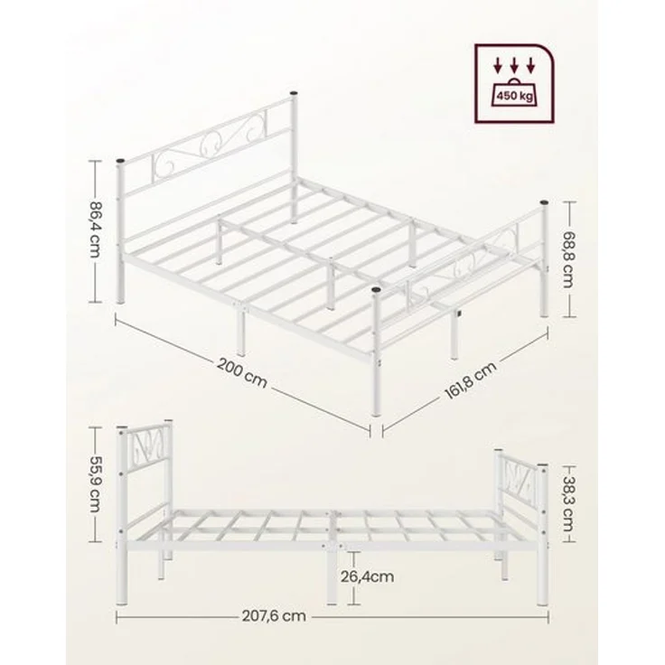 Vasagle Bettgestell, Metall weiß, 160x200 cm – Bild 4