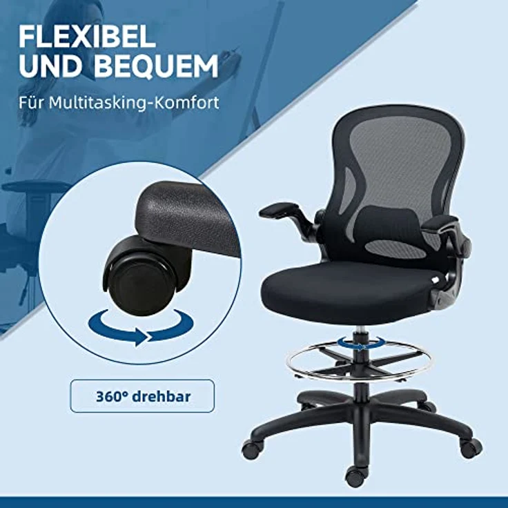 Vinsetto Ergonomischer Bürostuhl, Schwarz, höhenverstellbar mit Mesh-Gewebe und klappbaren Armlehnen, 65x122x59 cm – Bild 8