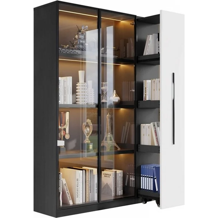 BlingBin Stauraumvitrine Multifunktionsschrank Glasvitrine (1-St, Bücherregal mit LED-Vitrine & seitlichem Auszugsschrank auf Rollen) Soft-Close-Scharniere, Warmgelbe Beleuchtung, 110,5×35×160 cm – Bild 4