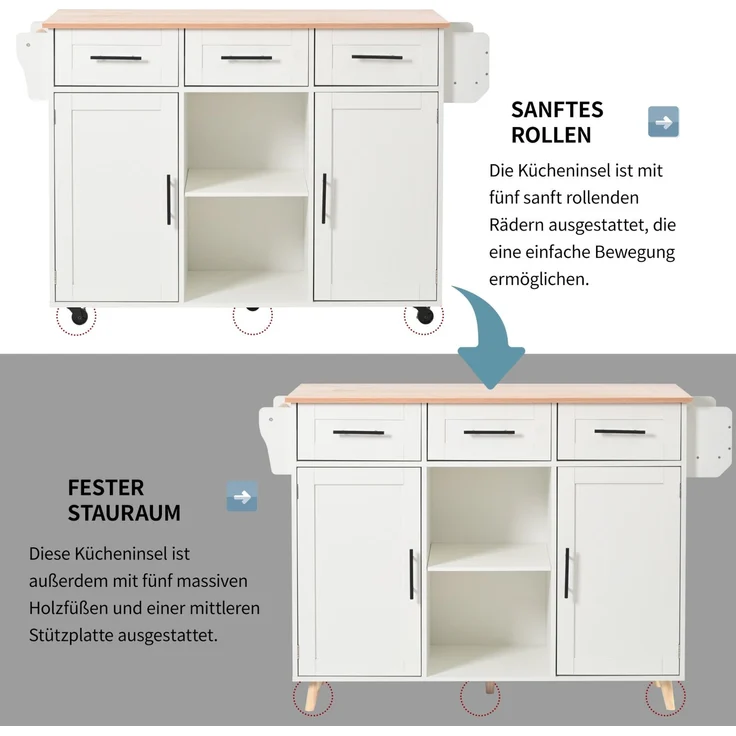 Küchenwagen aus MDF mit klappbarer Platte & Rollen, 139x46(71)x91,5 cm, Weiß – Bild 6