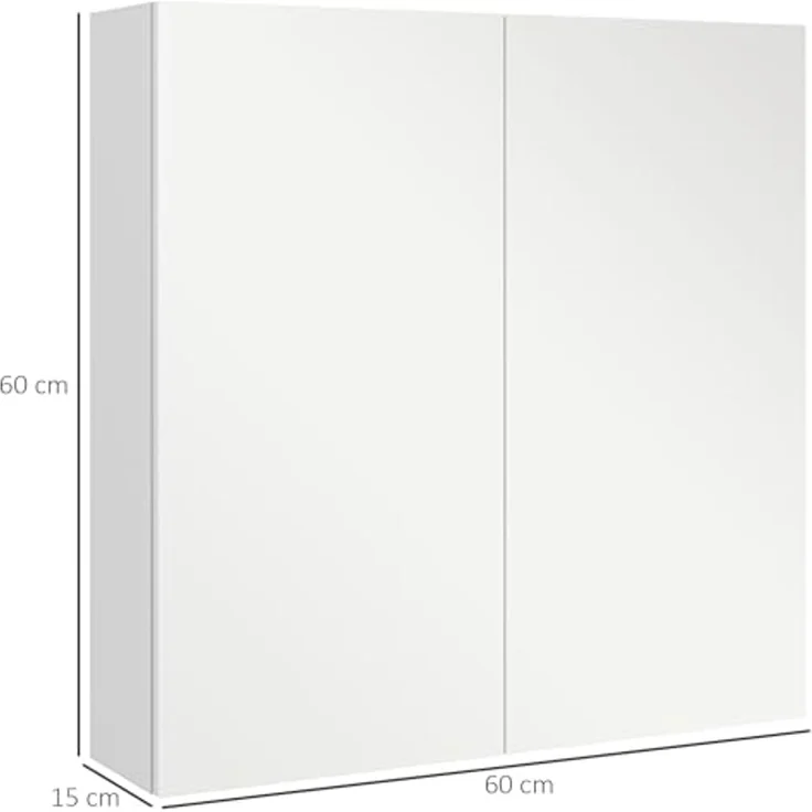 kleankin Wandschrank für Badezimmer, Aufbewahrungsschrank, 3 Ebenen, verstellbares Regal, 2 Türen und Spiegel, Hängeschrank, 60 x 15 x 60 cm, Weiß – Bild 2